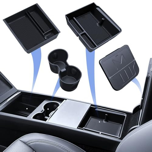 LANTU 4 Pcs Accessoires pour Tesla Model 3 2024-2025 Organisateur de Console Centrale, Boîte de Rangement pour Accoudoir, Boîte Cachée et Porte-Gobelet Tesla Highland