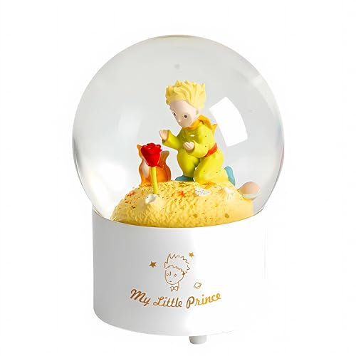 Boule à Neige en Cristal avec Boîte à Musique Le Petit Prince et le Renard Rose - Cadeau d'Anniversaire et de Saint-Valentin pour Couple