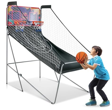 GOPLUS Jeu de Basketball Arcade Pliable, 2 Paniers et 4 Ballons, 8 Modes de Jeux, Capteur Électrique, LED Score, 4 Boutons Fonction, 202x107x205CM