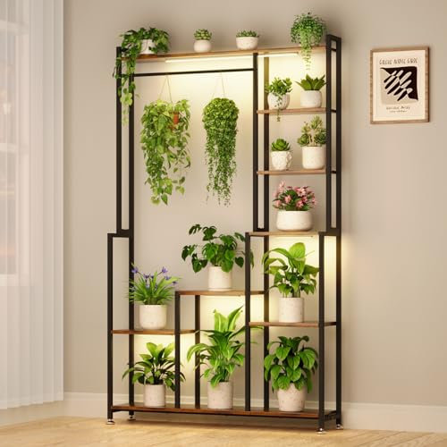 Bacekoll Tall Indoor Plant Stand with Grow Lights, 8 Tiered Metal Plant Rack for Multiple Large Plants, Square Flower Holder for Living Room, Balcony