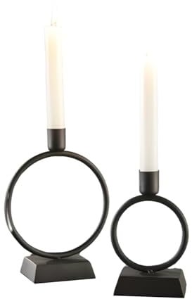 2X Stabkerzenhalter Ring aus Metall, matt schwarz, 14 + 19 cm hoch, Kerzenhalter für Tafelkerzen, Kerzenständer