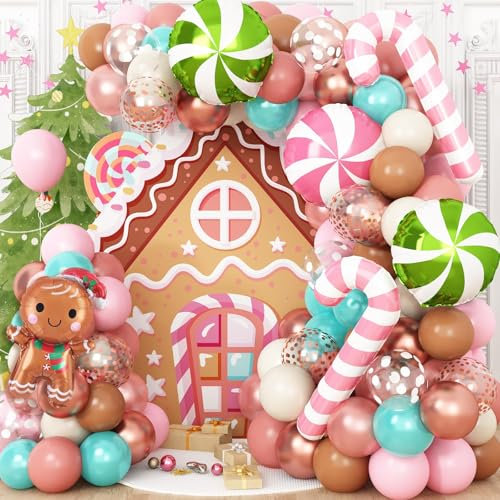 Christmas Gingerbread House Balloon Arch Kit - 134pcs Xmas Arch with Gingerbread Man, Candy Cane Foil Balloons in Pink, Brown, Rose Gold, Teal, Blue for New Year Party Decorations