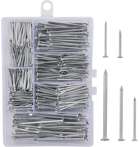 350 Pcs Wooden Nails,Assorted Flat Head Nails,Wood Panel Pins Tacks,Long,Medium and Small Wall Nails for DIY and Crafts,Picture Hanging Nails with Storage Box,Silver