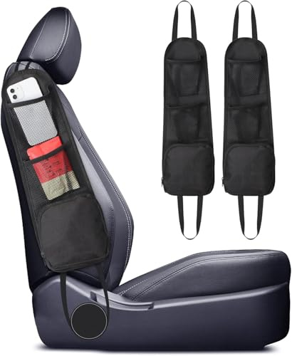 2 Stück Autositz Seitenorganisator,Auto Organizer, Auto Zubehör Innenraum | Autositz Organizer Faltbare Auto Aufbewahrungstasche Netztaschen mit Mehreren Taschen für LKW,Van,SUV(Schwarz)