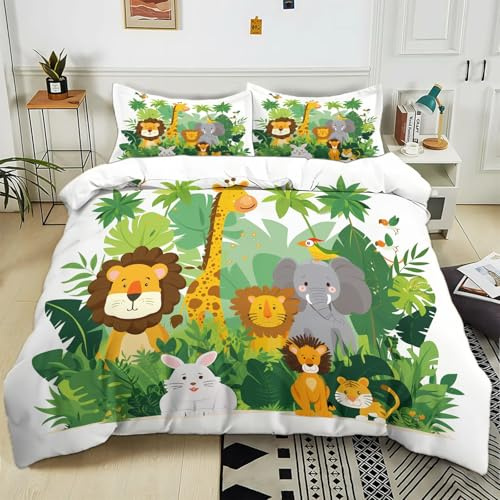 Generisch Bettwäsche 155x220 cm Cartoon-Tiere Löwe Giraffe 3teilig Bettwäsche-Sets Kinder Mikrofaser Baumwolle, Soft Jungen Mädchen Bettwaren Bettbezug mit 2 Kissenbezug 80x80 cm