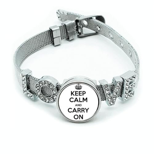 Armband mit Zitat Keep Calm and Carry On, verstellbar, Schwarz, M, Metall