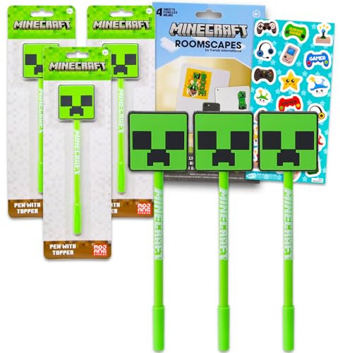 Minecraft Stifte-Set – Bündel mit 3 Stiften mit Creeper Topper, Aufklebern und mehr Bürobedarf