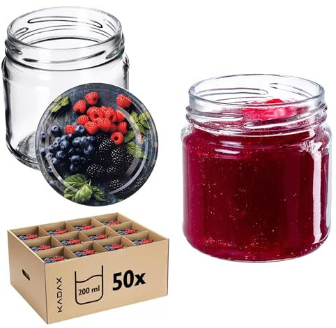 KADAX Petits pots de conserve, 200 ml, fi66 mm, mini pots à miel et épices, bocaux hermétiques, bocaux à conserves, verres, bocaux à conserves, verres ronds (baies d'été, lot de 50)