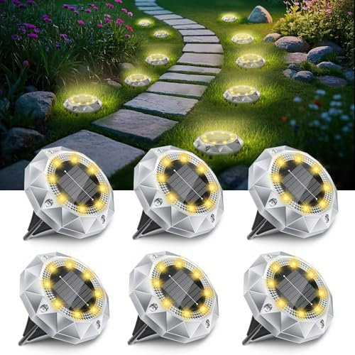 FIFlying 6 Stück Solar Bodenleuchten, 8 LED Solar Gartenleuchten für Außen Wasserdichte Solarleuchten Solarlampen für Garten Rase Patio Gehweg Outdoor Beleuchtung Gartenbeleuchtung Warmweiß