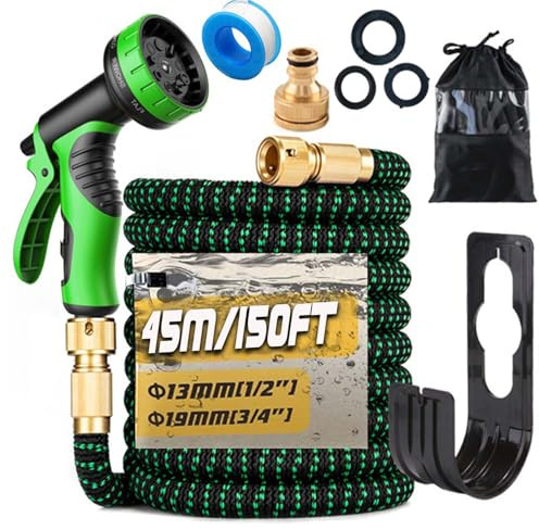 Gziztx 150FT/45M Expandable Garden Hose Flexible Magic Garden Hose Pipe with 3/4 1/2 Fittings, 10 Function Spray Nozzle, 3-Layer Latex Tube (Black+Green)