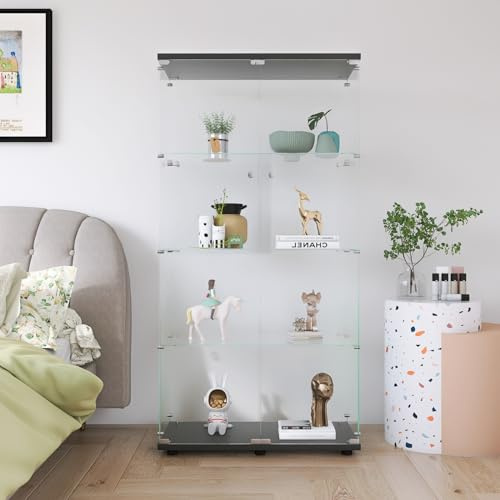 QMTXBYJ Glasvitrine in Schwarz,164x81x37cm, Modern Vitrine mit 4 Regalen, 2 Türen Glas Vitrine Vitrinenschrank, Glasschrank Standvitrine aus Gehärtetes Glas und Holz, für Wohnzimmer