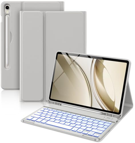 Vobafe Tastatur Hülle für Samsung Galaxy Tab S10 FE 10.9 Zoll/S9 FE 10.9 Zoll/S9 11 Zoll, 7-Farben Beleuchtung Keyboard Cover mit Stifthalter & Schnellladung, QWERTZ-Layout, Hellgrau