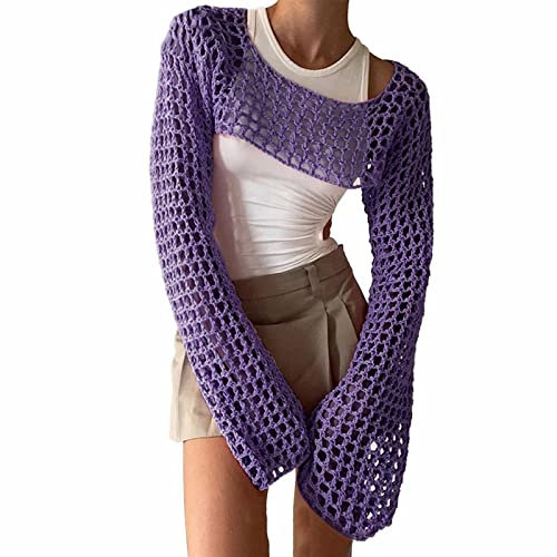 Europeo americano Scollatura Maglieria Tinta unita Girocollo Lungo Maglia Camicetta per Donna Sarong Pareo Gonna Pannolino Mare, Lilla, L