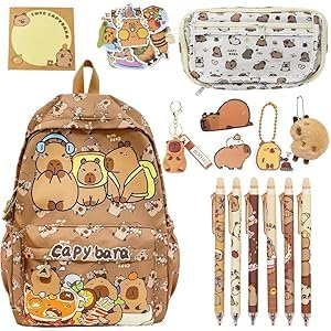 CYGMRFH Capybara Backpack Kids, Mochila Capybara Escolar Schoolbag Gran Capacidad Capibara Boligrafos Borrable de Animales,Capibara Estuche,Plush & Llaveros Portalápices Regalo para Niños