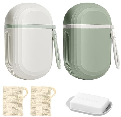 Boîte à Savon Portable de Voyage, 2 Pièces Porte Savon Étanche Porte-Savons Amovible en Plastique avec Couvercle et Sac à Savon pour Salle de Bain Salle de Sport Camping École (Rose + Vert)