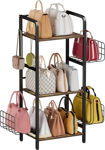 Garbuildman Organizer per borse a 3 ripiani, in legno e metallo, con cestino regolabile e ganci per armadio, camera da letto, corridoio, nero