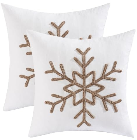 Tosleo 2er Set Winter Kissenbezüge Seilstickung Schneeflocken Stickerei 45 x 45 cm Leinen Kissenbezug Weihnachten Sofakissen Kissenhülle für Sofa Couch Schlafzimmer Wohnzimmer