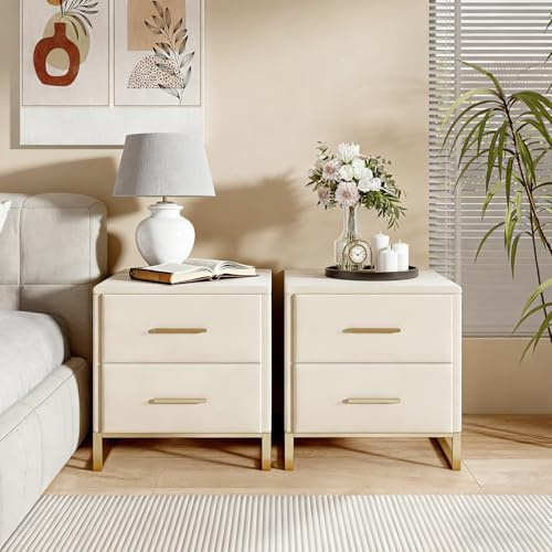 Wnvivi 2 Nachttische, weißer Nachttisch mit 2 Schubladen, Nachttisch mit Griffen und goldenen Beinen, moderner kleiner Nachttisch, Nachttische für Erwachsene für (Beige B)