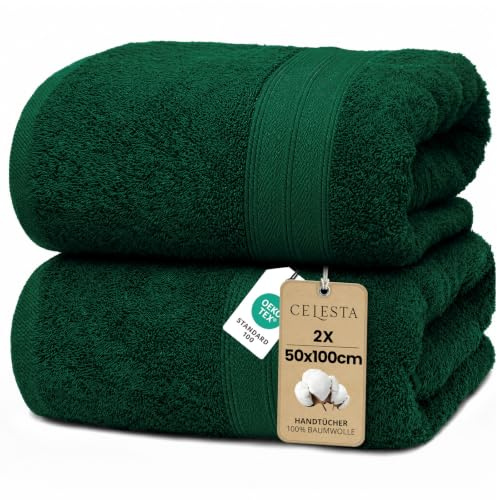 CELESTA Handtücher 50x100 cm, 2er-Set 100% Baumwolle Frottee, Grün | OEKO‑TEX zertifiziert, weich & saugstark, ideal für Badezimmer, Gäste‑WC, Küche, Spa, Gym & Sport