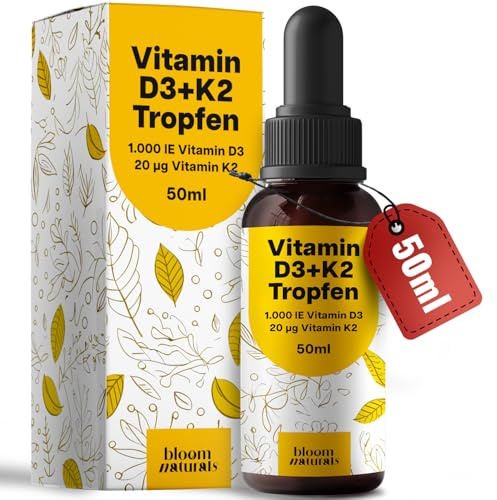 Vitamina D3 y K2 Gotas – 50 ml – 1.000 UI Vitamina D3 + 20 µg Vitamina K2 (MK-7) – 1 Gota al Día – Producido en Alemania – Vitamin D3K2 Suplemento Líquido – Analizado en Laboratorio