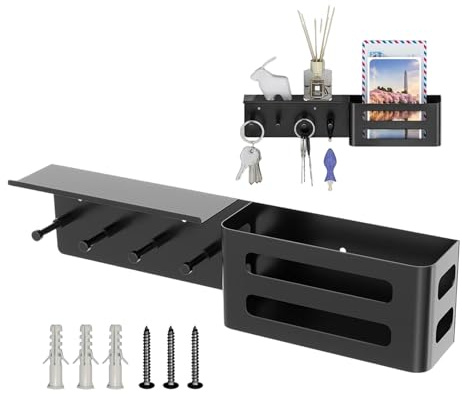 Jvjggag Stilvolles Wandregal – Schlüssel-Organizer für Zuhause, Stahlkonstruktion mit 4 Haken, 31 x 7 x 4,8 cm, schwarz-weiß, dekorativer Halter für Post, Eingang, Wohnzimmer