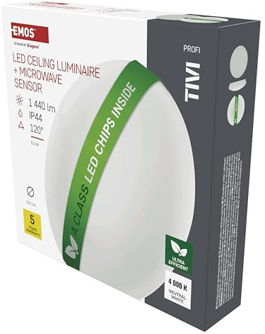 EMOS - LED Deckenleuchte TIVI 12,5W mit MW-Sensor - wasserdichte Aufbauleuchte für Innen - sparsame Wandleuchte, rund 38 cm - superhell 2100 lm, ersetzt 135W Glühbirne - Neutralweiß 4000K - weiß
