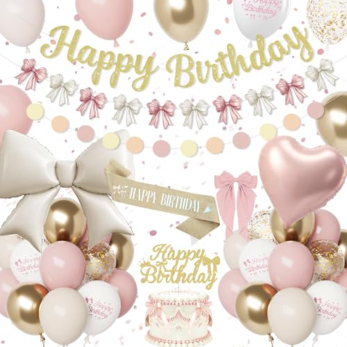 Geburtstagsdeko Mädchen Frauen, Rosa und Gold Geburtstag Dekorationen Schleife, Happy Birthday Girlande, Deko Luftballon Rosa Gold Weiß, Schleifen Folienballon, Schärpe, Geburtstag Party Deko Mädchen