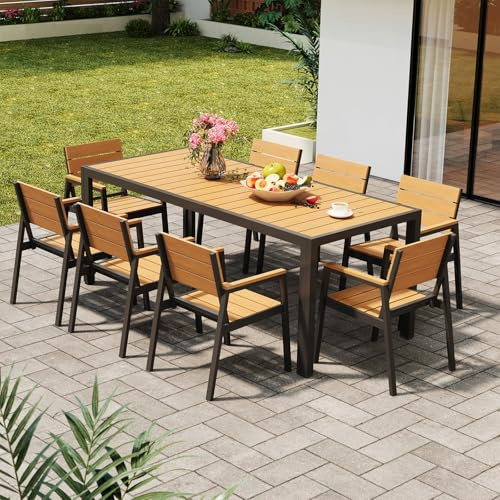 Devoko Gartenmöbel Set 8 stühle mit tischt, Hochwertiges Gartenset Tisch und stühle in Holzoptik, Balcony Furniture alu, Gartengarnitur wetterfest, rostfrei, leicht und langlebig, Teakholz