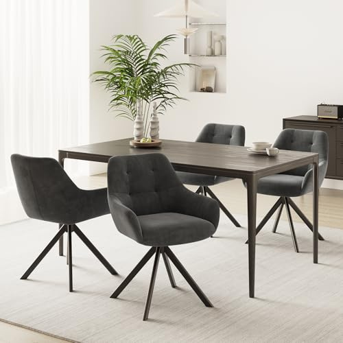 MALOL Drehbare Esszimmerstühle 4er Set, 360° Drehbare Armlehnstühle mit weichem Florstoff & Metallgestell, Bequeme Esszimmerstühle Drehbar mit Rückenlehne für Küche, Esszimmer, Büro, Grau