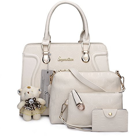 Soperwillton Damen Handtasche für Tragetasche Schultertasche Satchel 4pcs Geldbeutel Set groß beige