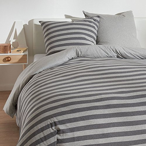 Traumschlaf Jersey Melange Wendebettwäsche Grau • Streifen & Uni • 100 % Baumwolle • Ganzjahresbettwäsche hautsympathisch & bügelleicht • 200x200 cm + 2X 80x80 cm