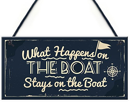 Red Ocean What Happens In The Boat Nautical Decor Theme Shabby Chic Hanging Beach Seaside Sea Sign Plaque