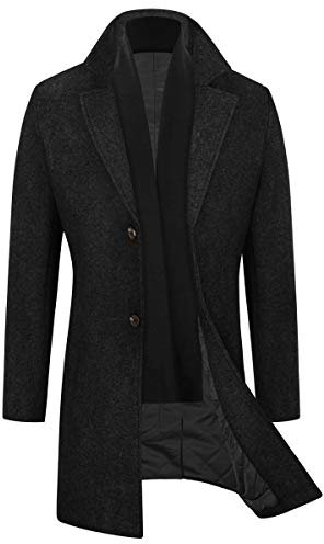 WULFUL Men Wool Trench Coat Slim Fit Winter Coat, Black, L
