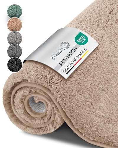 Beautissu Badematte rutschfest 60x50 cm – Duschvorleger Hochflor Badteppich rutschfest Waschbar Shaggy – Flauschig Badvorleger Badezimmerteppich – Badezimmer Badematte Natur BeauMare FL