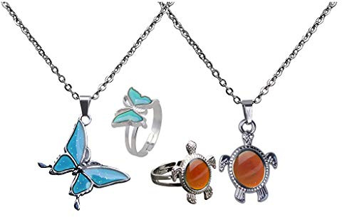joyMerit 2X Stimmungskette Stimmungsring Modeschmuck Ketten Ringe, Liebhaber und Freunde - Schmetterling + Schildkröte Form