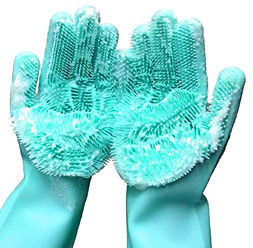 Magic cleaning gloves (Blue) Reusable Silicone Cleaning Gloves Dishwashing Scrubber ，Dish Wash Scrubbing Sponge Gloves with Bristles, Great for Washing
