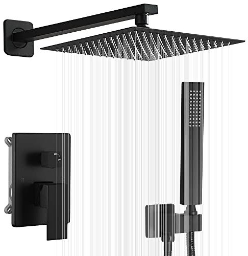 JingGang Mattschwarzes Duschsystem 30,5 cm Badezimmer Luxus Regenmischer Dusche KombiSet Wandmontage Regendusche Duschkopf und Handsystem Duscharmatur Set rauer Ventilkörper und Verkleidung im