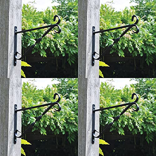 Garden Mile Set of 4 x 10 Black Metal Hanging Basket Bracket Garden Outdoor Wall Fence Hook Plant Hanger Traditional Wall Mounted Decorative Basket Hanging Hook