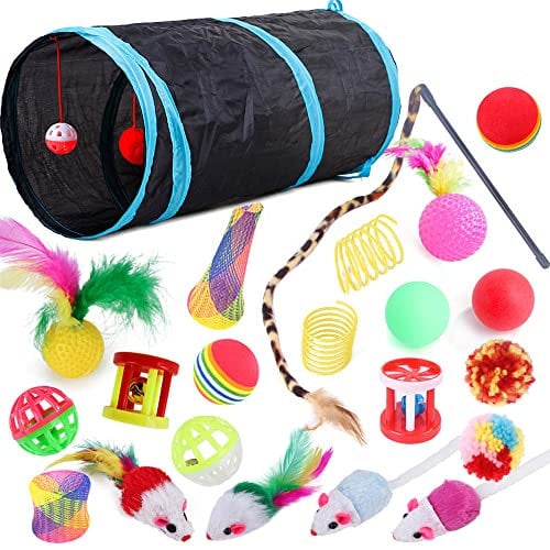 22 Stücke Katzenspielzeug Set mit Katzentunnel, Katzenspielzeug Selbstbeschäftigung Katzenspielzeug Tunnel, Katzen Spielzeug Federspielzeug Katzenbälle Spielzeugmäuse für Kätzchen