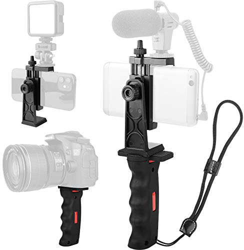 Impugnatura per fotocamera, stabilizzatore per cellulare, 3 in 1, per smartphone, 58-100 mm, regolabile, per selfie da 1/4, filettatura esterna con cinturino da polso, per microfono/flash