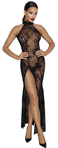 .Noir Handmade Langes transparentes Damen Desosus Neckholder Kleid mit Rückenausschnitt und Langen Gehschlitz Tüll und Stickerei, Schwarz