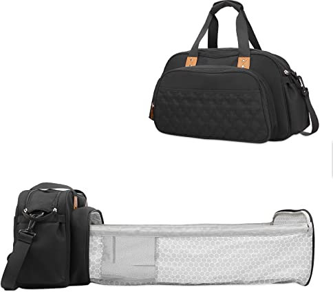 SONARIN Baby Wickeltasche mit Faltbarem Babybett,Wasserdicht Grosse Kapazität Reise Wickeltasche Multifunktional Umhängetasche Tragetasche Henkeltaschen mit Wickelunterlage(Schwarz)