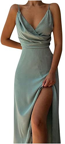Partykleid Damen Spaghettiträger Etuikleid mit tiefem V Ausschnitt Einfarbiges figurbetontes Kleid Ärmelloses rückenfreies Wickelkleid Abendkleid mit hohem Schlitz Langes Cocktailkleid Ballkleid