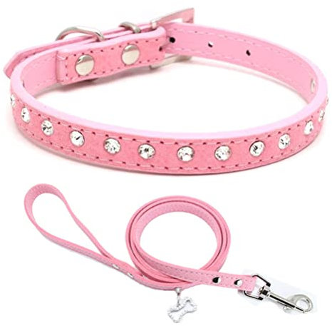 Ensemble Collier Et Laisse pour Chiot Petit Chien Chat avec Luxe Strass Fantaisie Diamant Paillette Cristal, Rose XXS