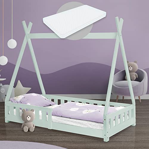 ML-Design Kinderbett Tipi 80x160 cm Mint mit Matratze, Rausfallschutz und Lattenrost, aus Kiefernholz, Indianer Bett für Mädchen & Jungen, Hausbett mit Zaun, Bodenbett Jugendbett Spielbett Holzbett