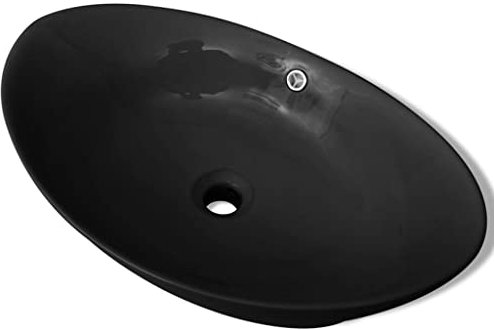 Waschbecken mit Abflussloch, Oval Überlauf Waschtisch Aufsatzwaschbecken Waschplatz Handwaschbecken Aufsatzwaschtisch Keramikspülen, 59 x 38,5 cm Schwarz