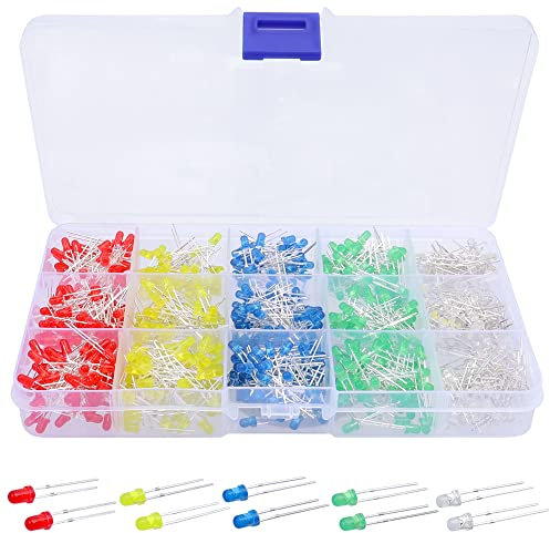 Mesee 750 Pieces 3mm Light Emitting Diodes 5 Colors Round LED Diode Assortment Kit for Arduino Electronic Components Parts LED Bulb Lamp, White/Yellow/Red/Blue/Green
