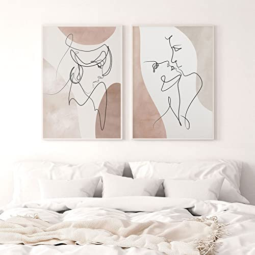 OTURRI Abstrait Visage Affiche Imprimer Couple Simple Ligne Murale Art Amoureux Baiser Toile tableau Peinture Minimaliste Moderne Murale Tableaux Chambre Decoration À La Maison 50x70cmx2 Sans Cadre