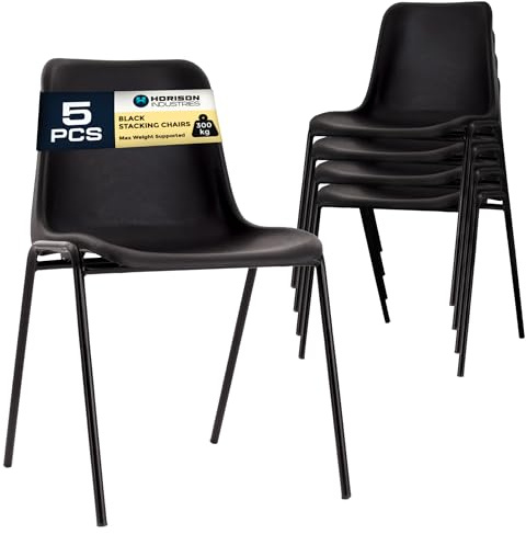 Horison Industries Stackable Plastic Chairs, Black, 5 Pack, 46x45x36cm | Durable Plastic Stacking Canteen Chairs for Reception, Dining Chair, Waiting Room, Bistro Dining, 300kg Capacity