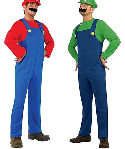 YUUGYD Super Brothers Cosplay Kostüme für Erwachsene Kinder, Halloween Carnival Cosplay Kostüm, Cosplay Kostüm mit Hut und Schnurrbart für Herren Damen Jungen Mädchen, Herren Rot, XL